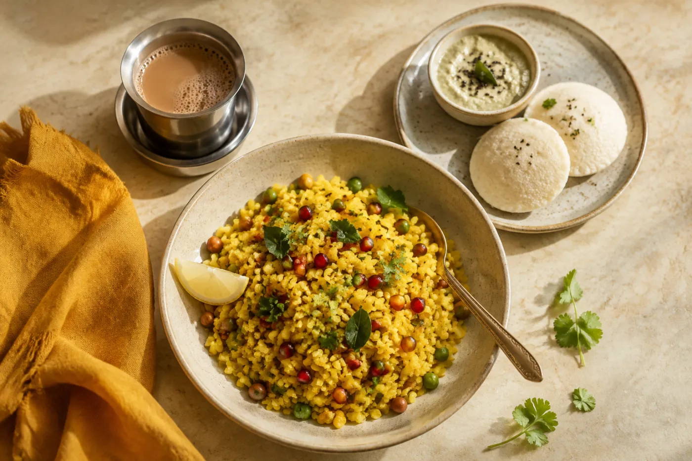 Poha, idli, chutney and chai for breakfast